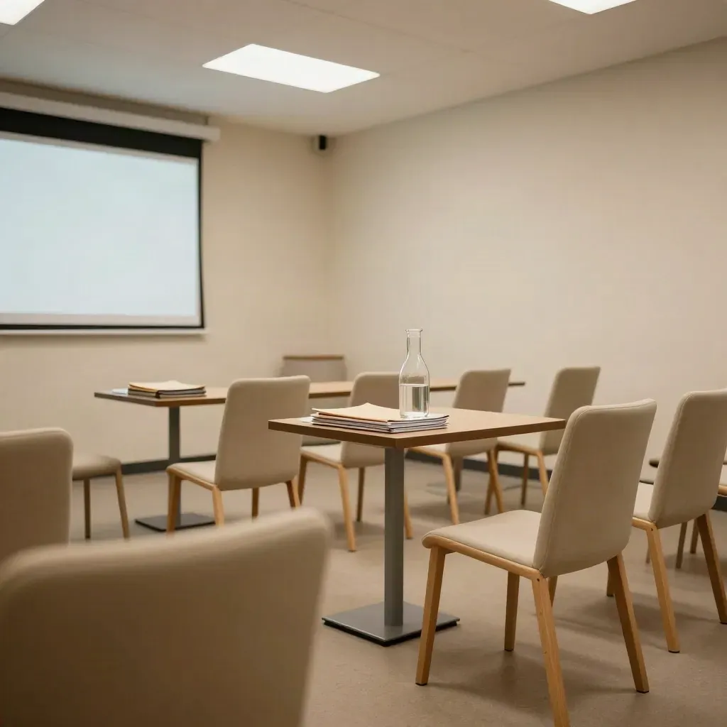 Sala riunioni comunale vuota con sedie, schermo spento, fascicoli e brocca di vetro.