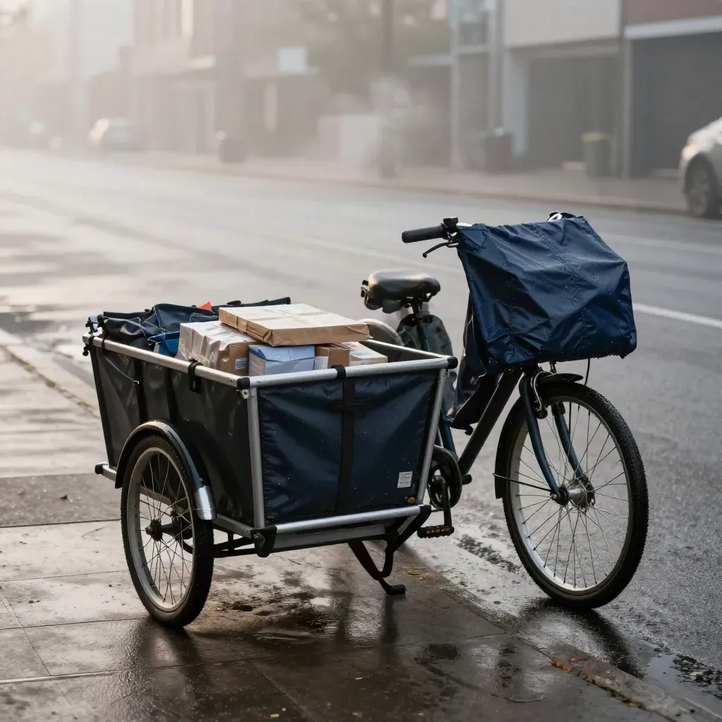 Bicicletta cargo volontariato con borse riutilizzabili e pacchi, ferma all’alba su un marciapiede bagnato.