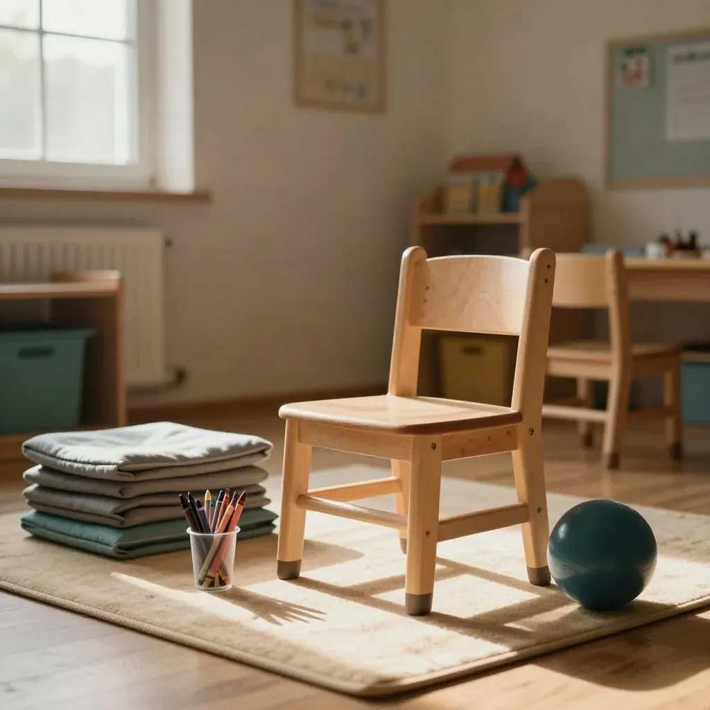 Aula di supporto scolastico preparata con sedie bimbo, tappeti piegati, palla terapeutica e colori, luce calda.
