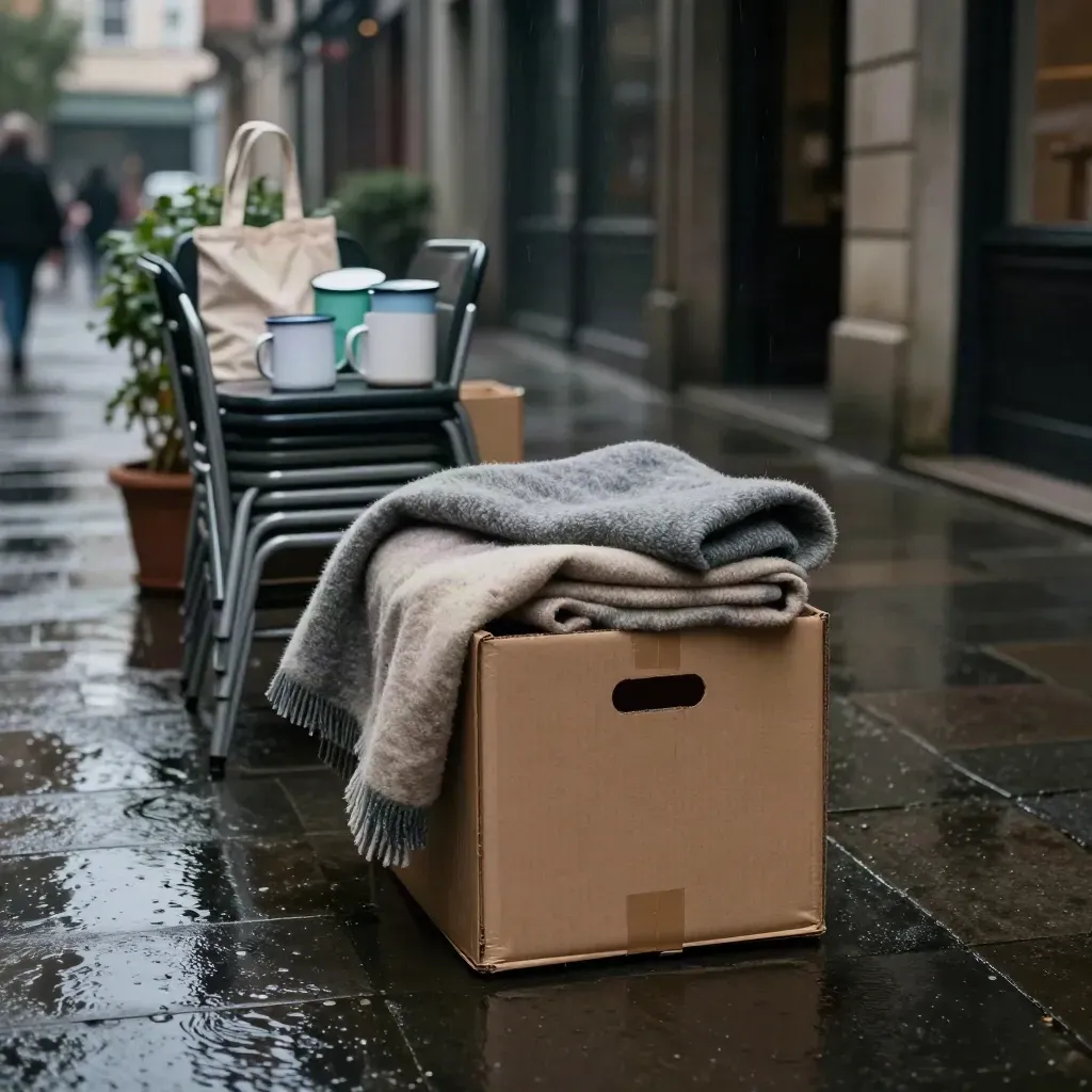 Cortile civico dopo la pioggia con cassa donazioni, coperte, sedie e borse.