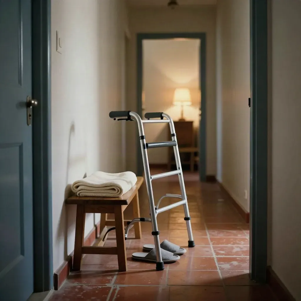 Corridoio domestico con deambulatore, asciugamano piegato, pantofole e lampada accesa.