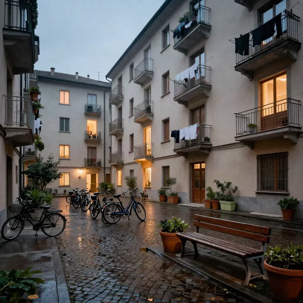 Cortile milanese di case popolari al crepuscolo con biciclette, panni stesi e finestre accese.