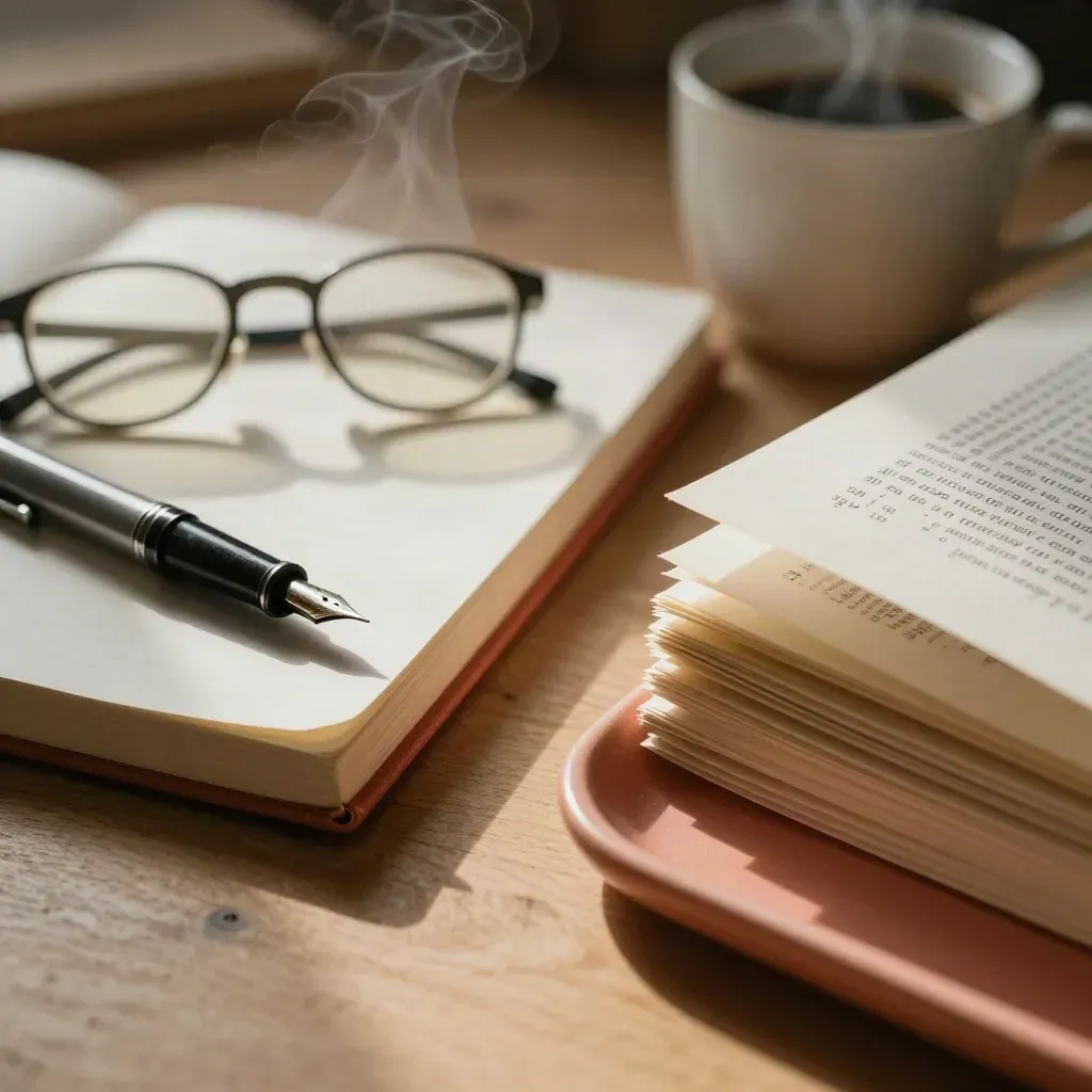 Scrivania editoriale con taccuino chiuso, occhiali, penna e caffè in luce mattutina.