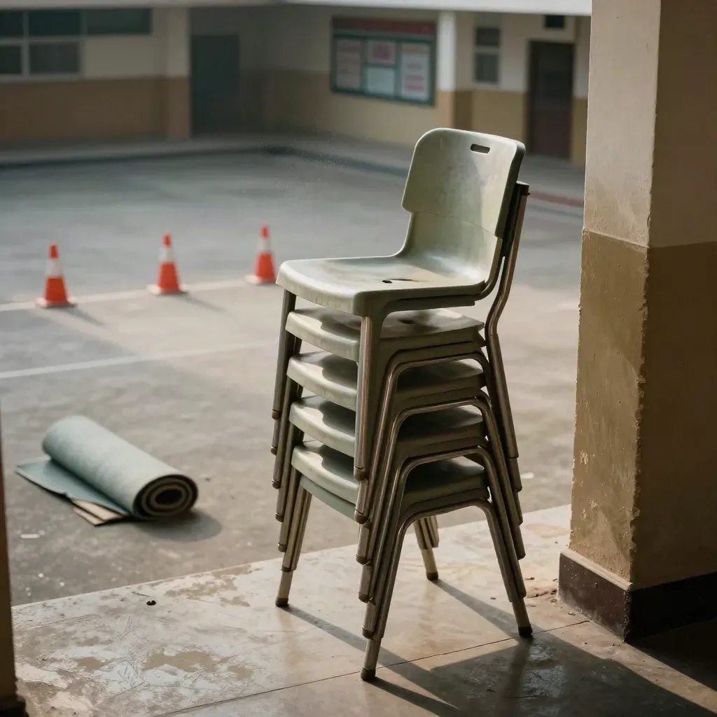 Nel cortile di una scuola, sedie, tappetini e coni vengono riordinati nel vento e nella polvere.