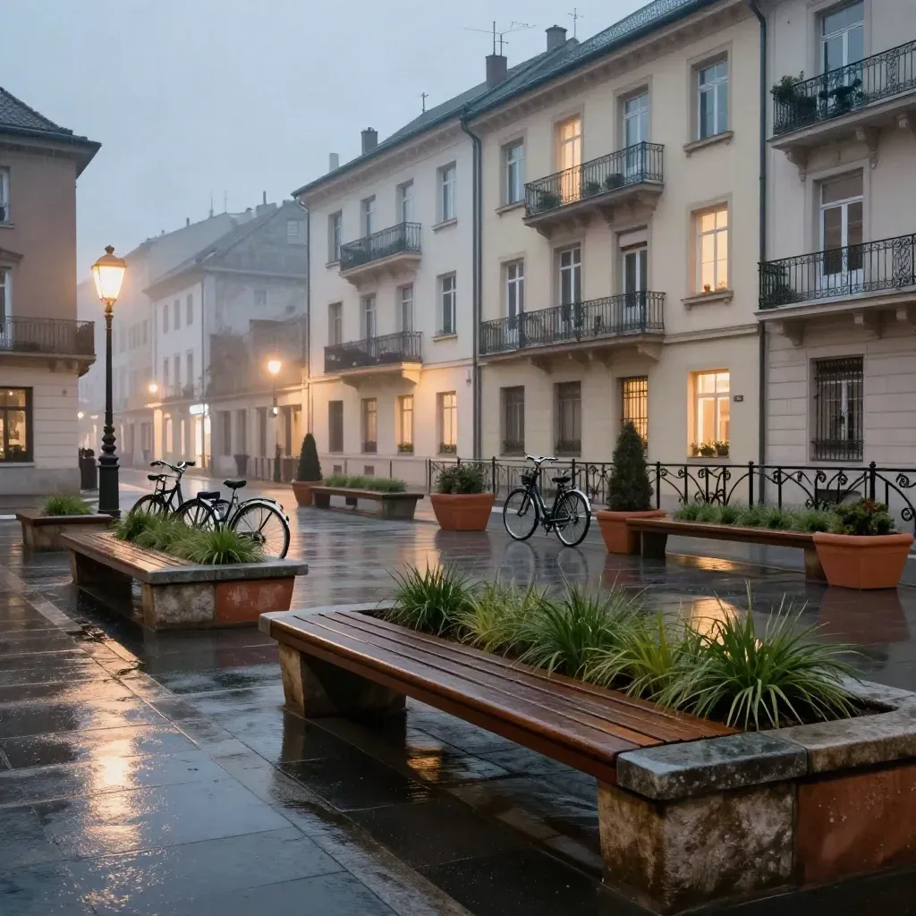 Piazza civica bagnata al crepuscolo, con panchine, biciclette e balconi illuminati.