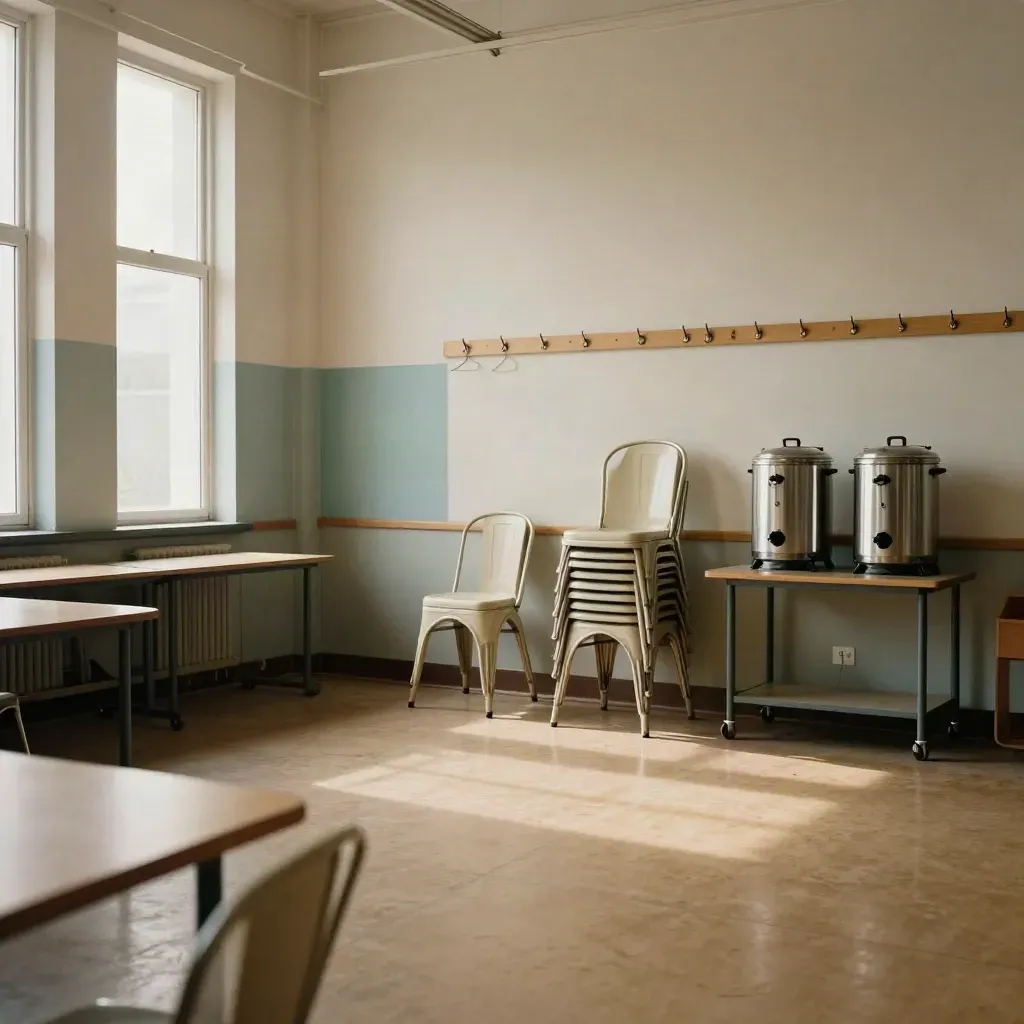 Sala di un centro civico appena sgomberata dopo un incontro, con sedie impilate e luci calde.