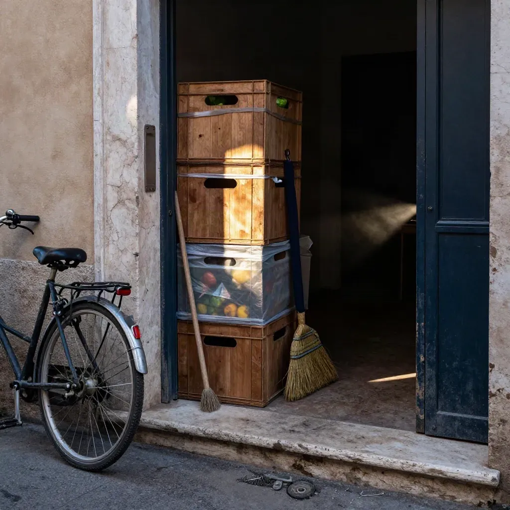 Ingresso di un centro volontari a Roma con biciclette, cassette e una scopa sul selciato.