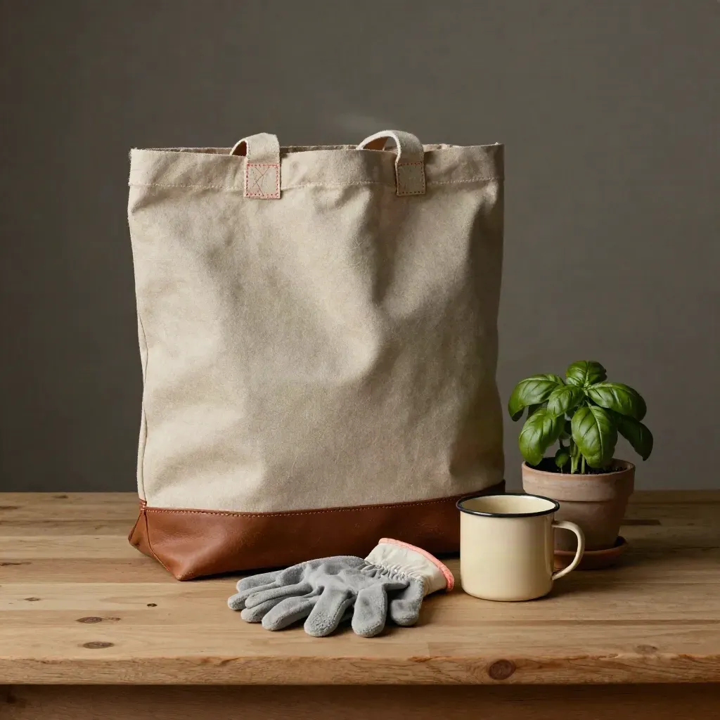Tote volontario semiempito con guanti, tazza smaltata e basilico su legno chiaro.