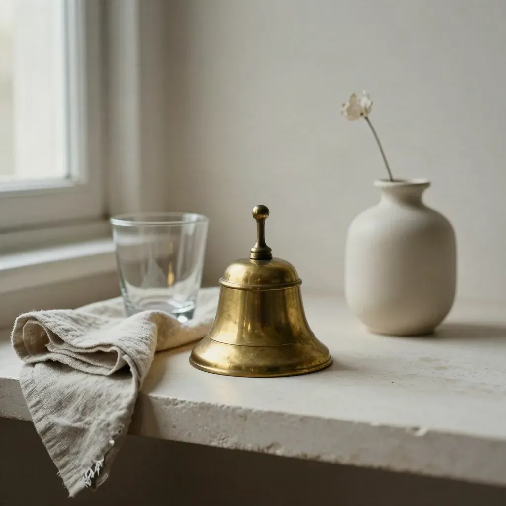 Campanello da tavolo in ottone con lino, bicchiere e piccolo vaso su mensola chiara.