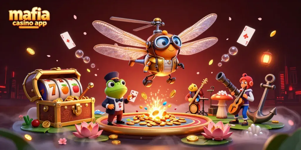 Engage with the mafia casino app in a vibrant scene featuring card games, a dragonfly pilot, and a frog dealer.